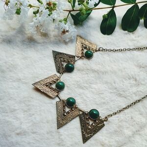 Vintage Aztec style bib necklace with green accent, whimsygoth, bohemian
